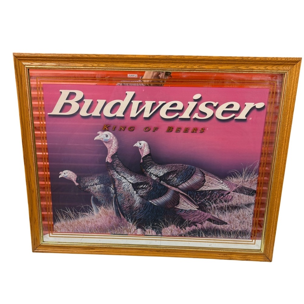 Vintage Budweiser Wild Turkey Bar Mirror King of Beers Wood Frame Large 34x28